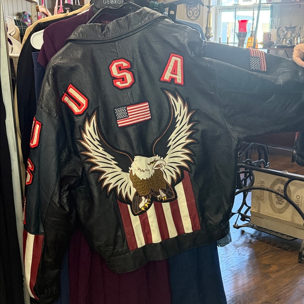 Source Unknown Black Leather Varsity Jacket with … - image 3